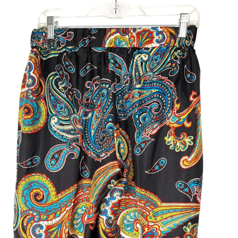 J.Crew Women's Size 6 Silk Black Multicolor Paisley Mid-Rise Pants Boho Slim